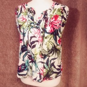 Pintuck Sleeveless Bright Tropical Floral Shirt